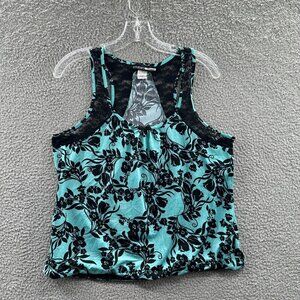 Floral Lace Racerback Tank Top Womens Large Teal Black Boho Fall Layering Piece